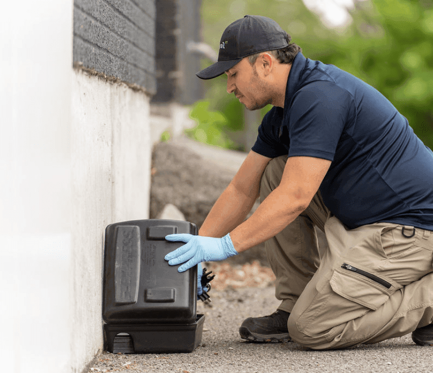 Technicien en gestion parasitaire entrain de remplacer un rodenticide dans une station monitrice extérieur